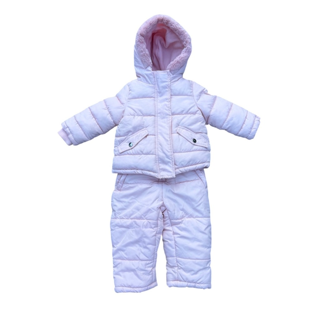 DKNY Baby Girls Pink 2-Piece Snowsuit Puffer Jacket and Bib Snow Pants Set 12M